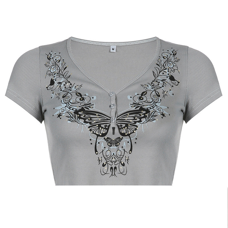 New Distressed Vintage Butterfly Print T-shirt V-neck Top
