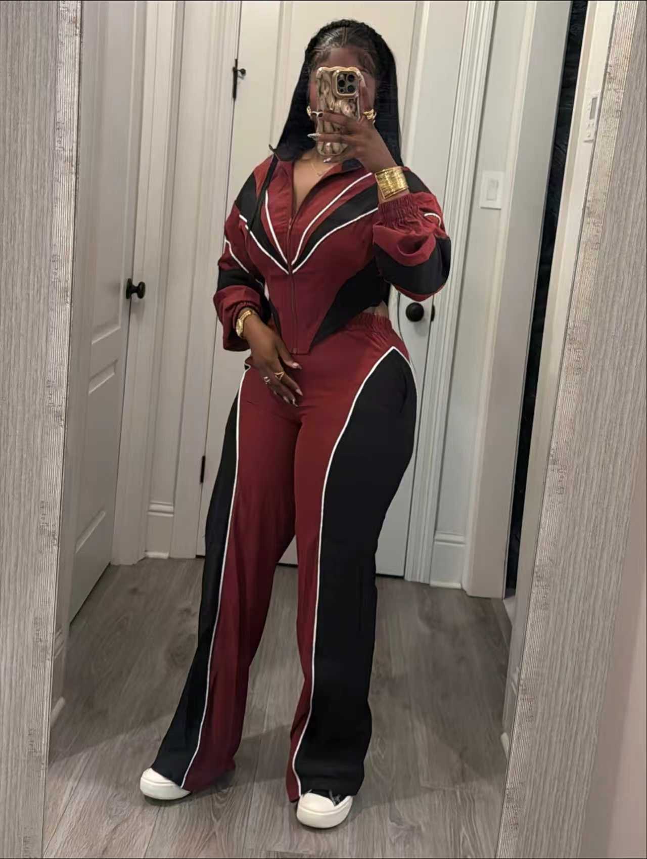 Stylish Multi-Color Patchwork Two-Piece Set With A Stand Collar