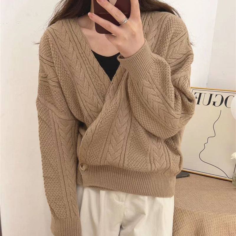 Korean Style V-neck Diagonal Button Twist Knitted Cardigan