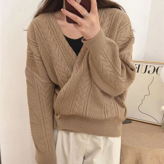 Korean Style V-neck Diagonal Button Twist Knitted Cardigan