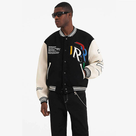 Color R Letter Embroidery Quilted Leather Sleeve Jacket Jacket Men's And Women's Baseball Uniform