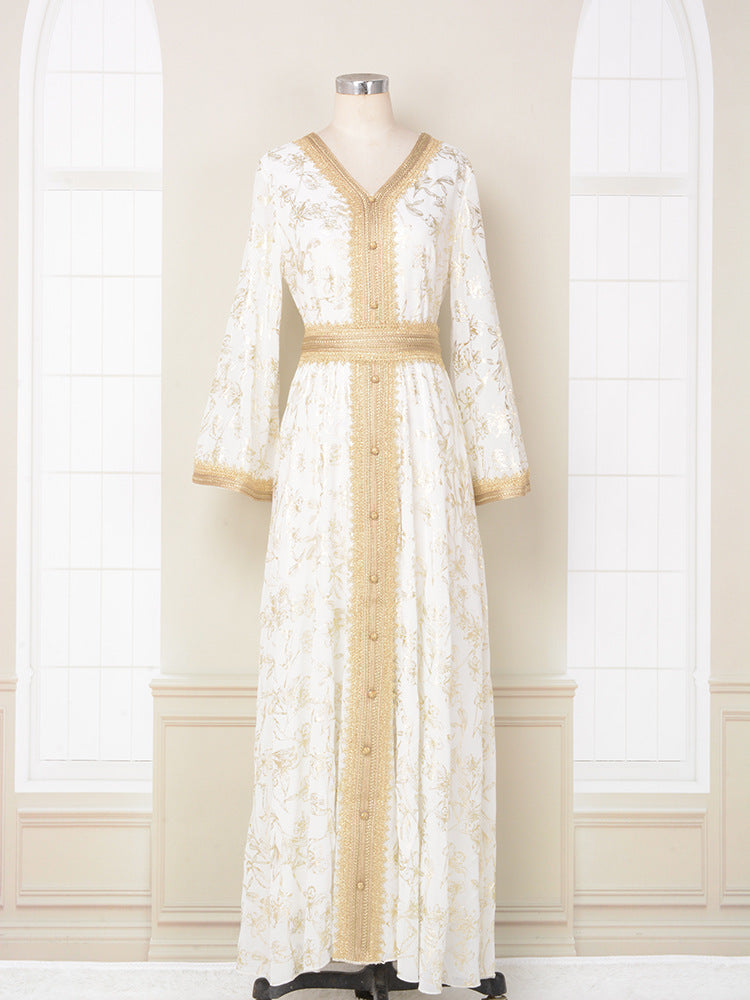Scratch-printed Gold-stamped Fashionable Ethnic-style Dress