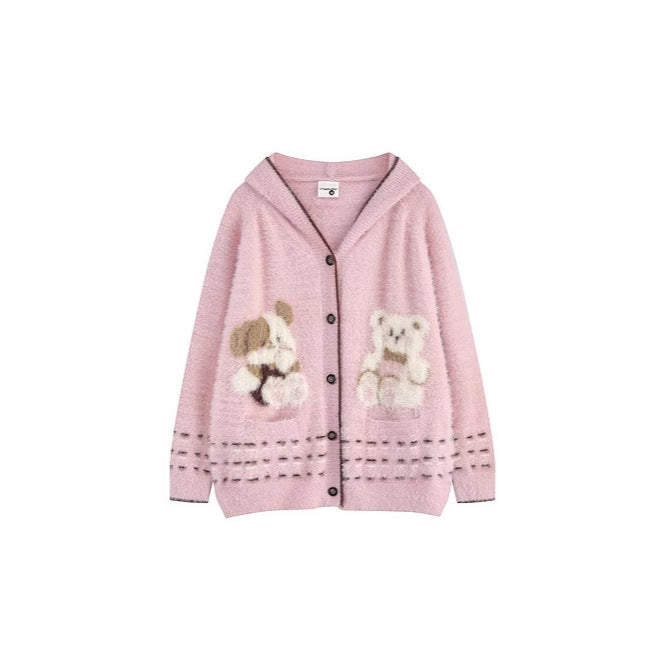 Bear Jacquard Hooded Knit Cardigan Female Loose Sweater Coat