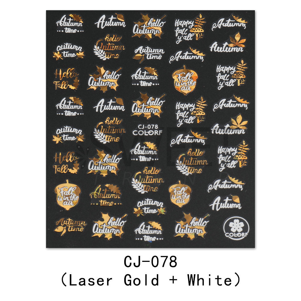 Nail Sticker Laser Golden Maple Leaf Letter Fan 3D