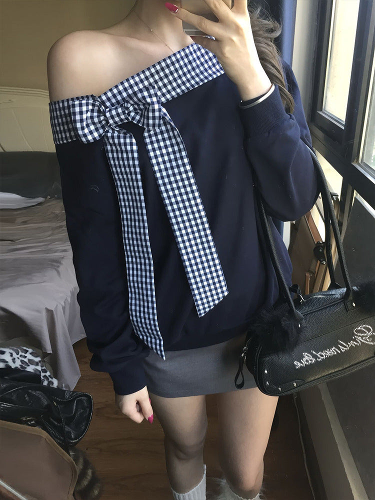 Fashion Plaid Off-shoulder Langærmet T-shirt til kvinder