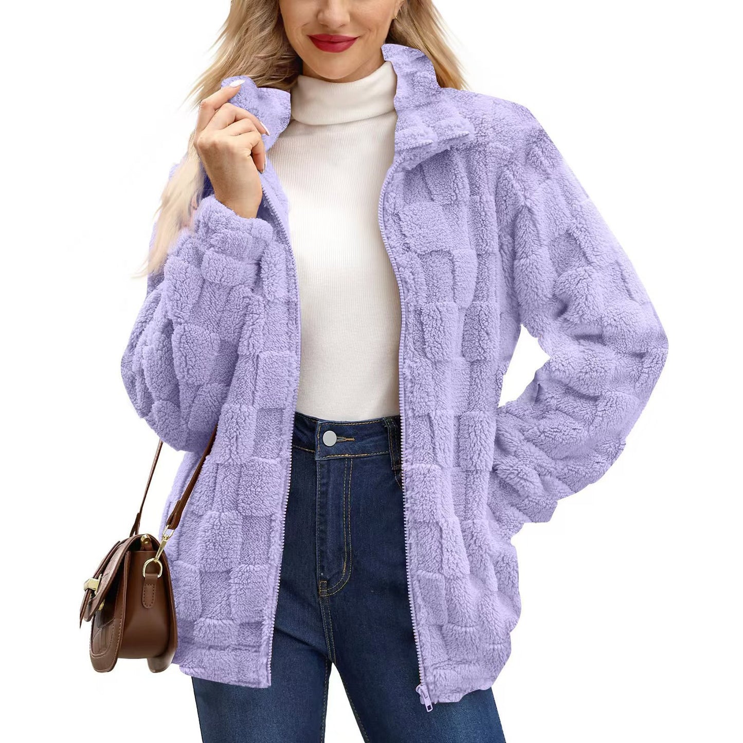 Women's Zipped Stand Collar Loose Jacquard Square Plaid Plush Coat