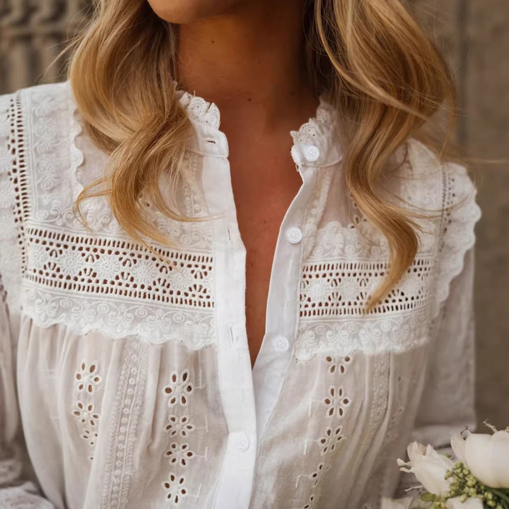 Resort-Style Solid-Color Hollow-Out Embroidered Womens Top