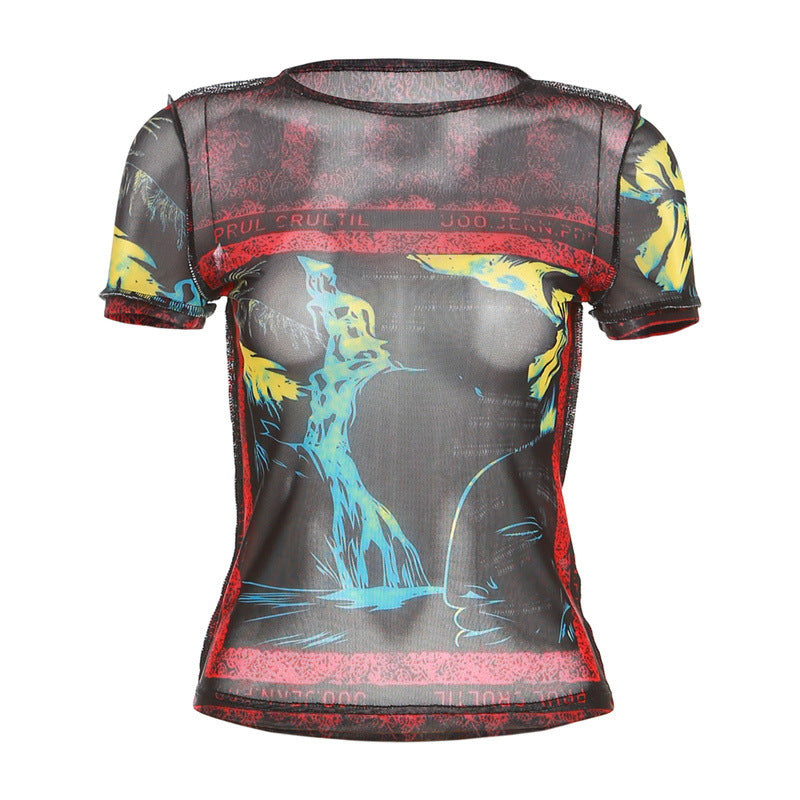 New Women's Fashion Digital Printing Round Neck Street Mesh Short Sleeve Top