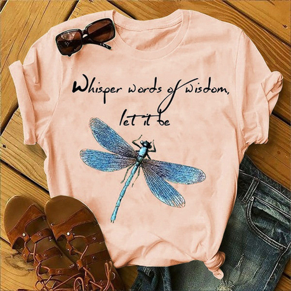 Ladies Alphabet Dragonfly Print T-Shirt Top