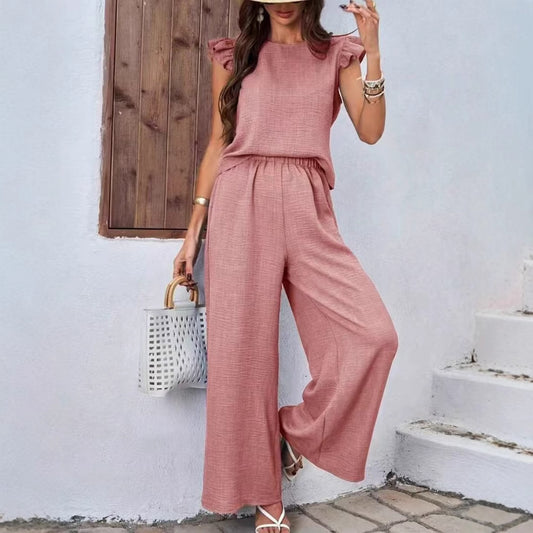Elegant Crew-neck Vest And Wide-leg Pants Womens Outfit