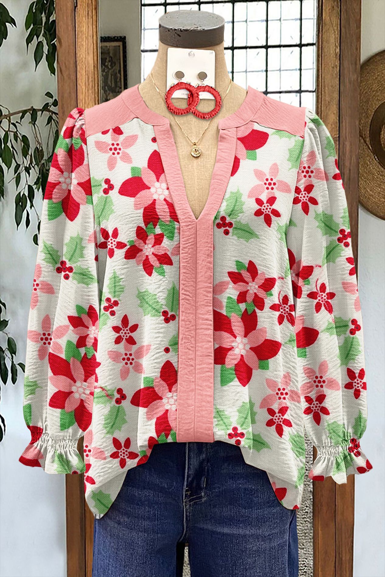 Women's Shirt Loose V-Neck Long Sleeve