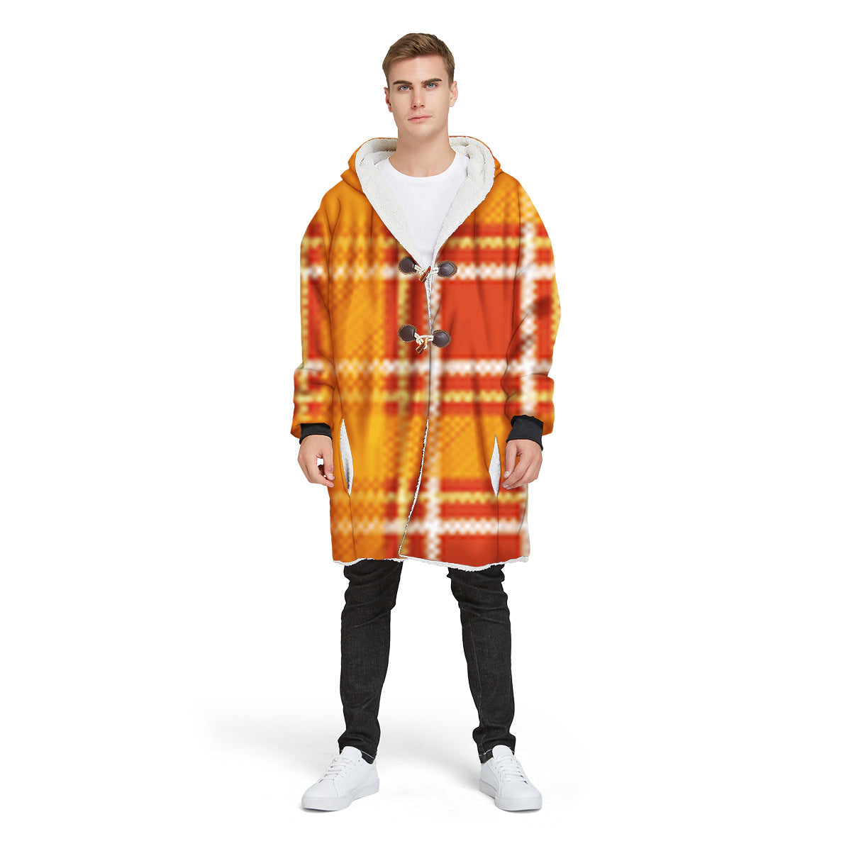 Fashion Plaid Men's Digital Printed Long Hooded Jacket