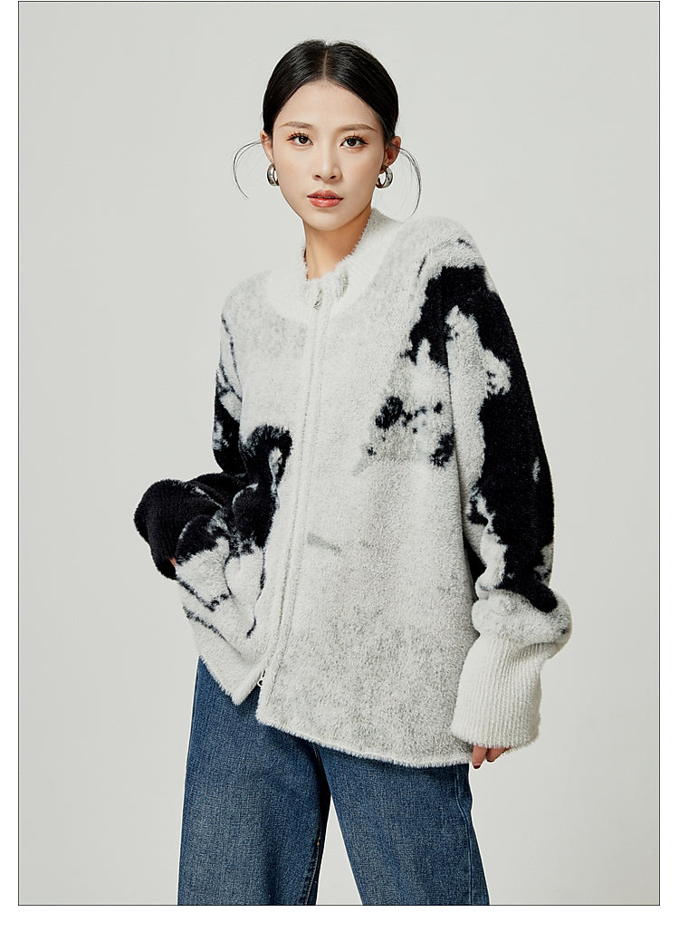 Grey Color Blocked Cardigan Sweater Round Neck Knit