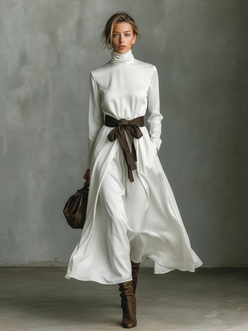 Mid-length Long-sleeve Dress With A Contrasting Belt