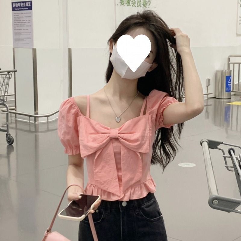 Off Shoulder Short Top For Women's Sweet And Unique Square Neck Bubble Sleeves