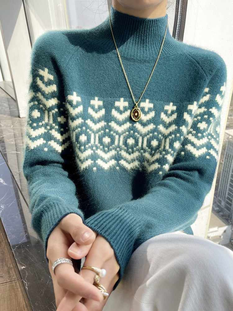 Autumn And Winter New Half Turtleneck Jacquard Thickened Knitting Loose Top