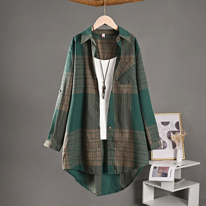 New Cotton-linen Top Retro Springfall Plaid Shirt