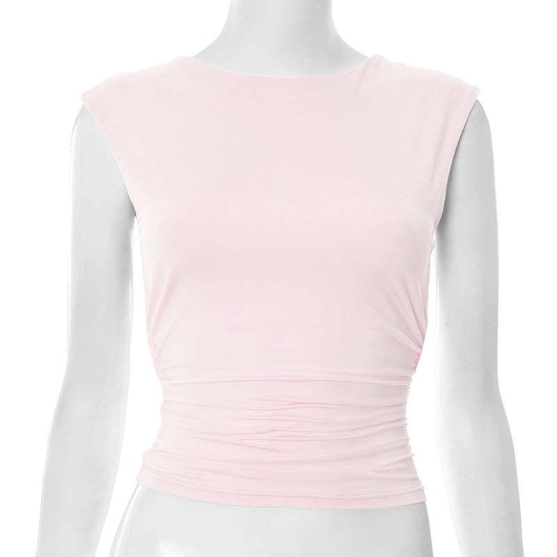 Europæisk og amerikansk ensfarvet off-neck rygløs slim fit T-shirt-top