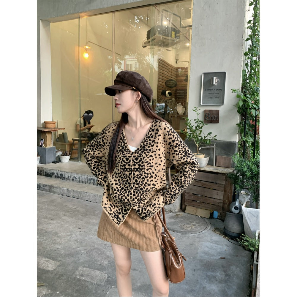 Vintage Leopard Print Knitted Cardigan Women's Casual Loose Sweater Coat
