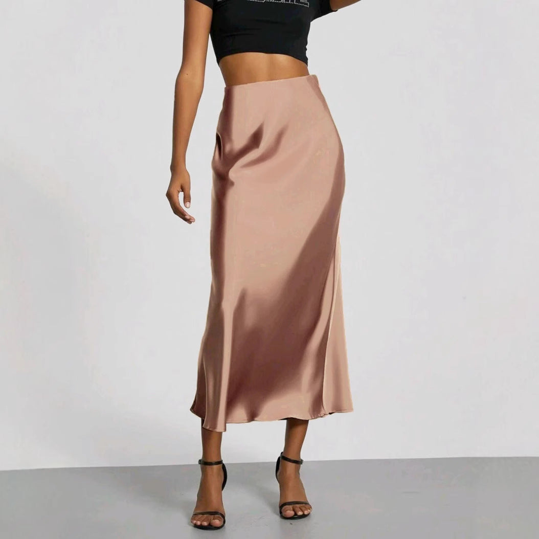 Dame Slim Fit Satin Nederdel Mode Smart Ensfarvet Lang Nederdel