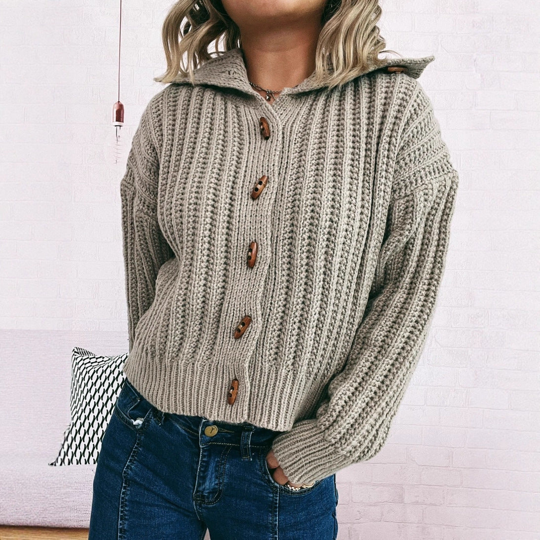 Lapel Long Sleeve Vintage Single-breasted Commute Leisure Thick Sweater