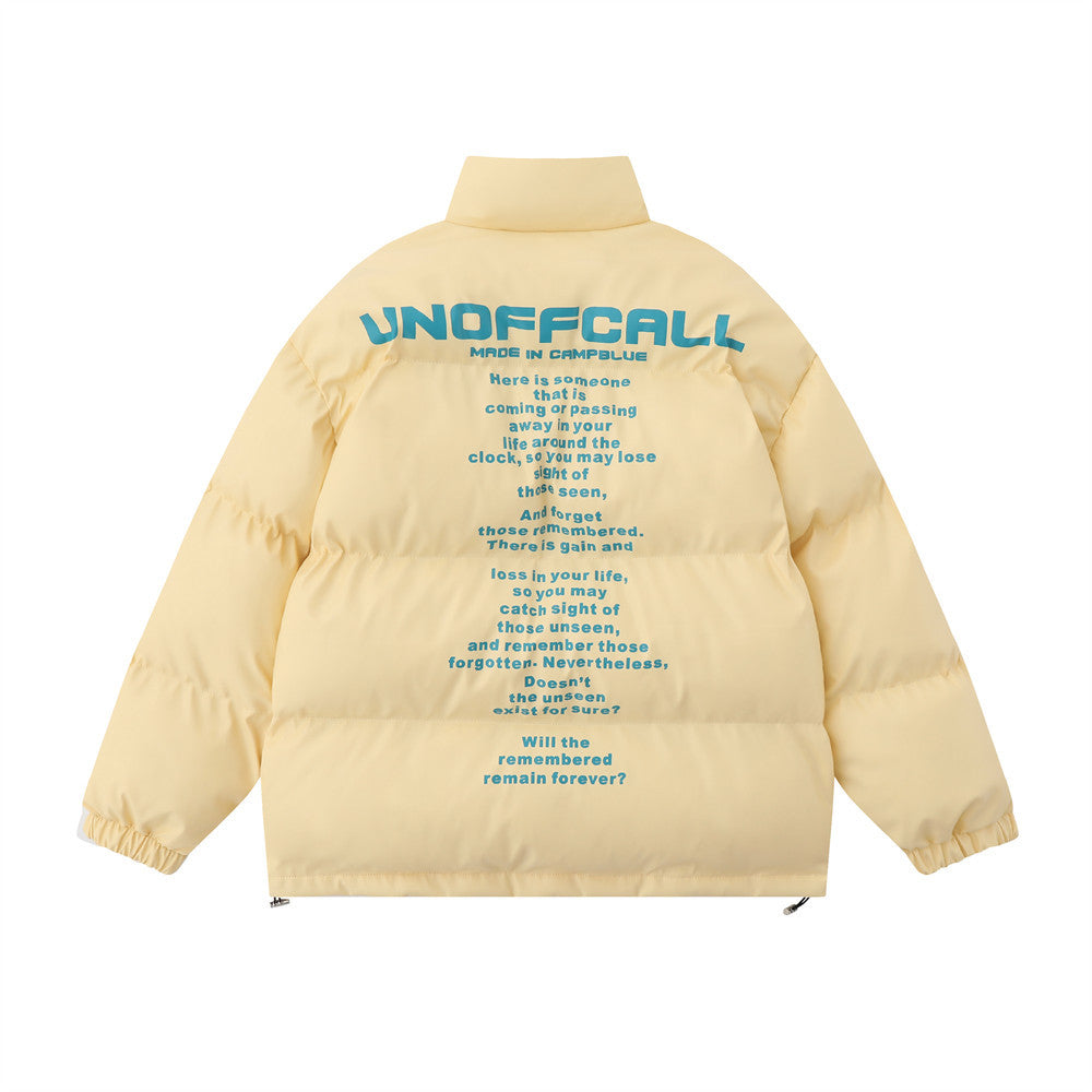 English Letters Printed Street Stand Collar Two-way Loose Zip Cotton-padded Coat