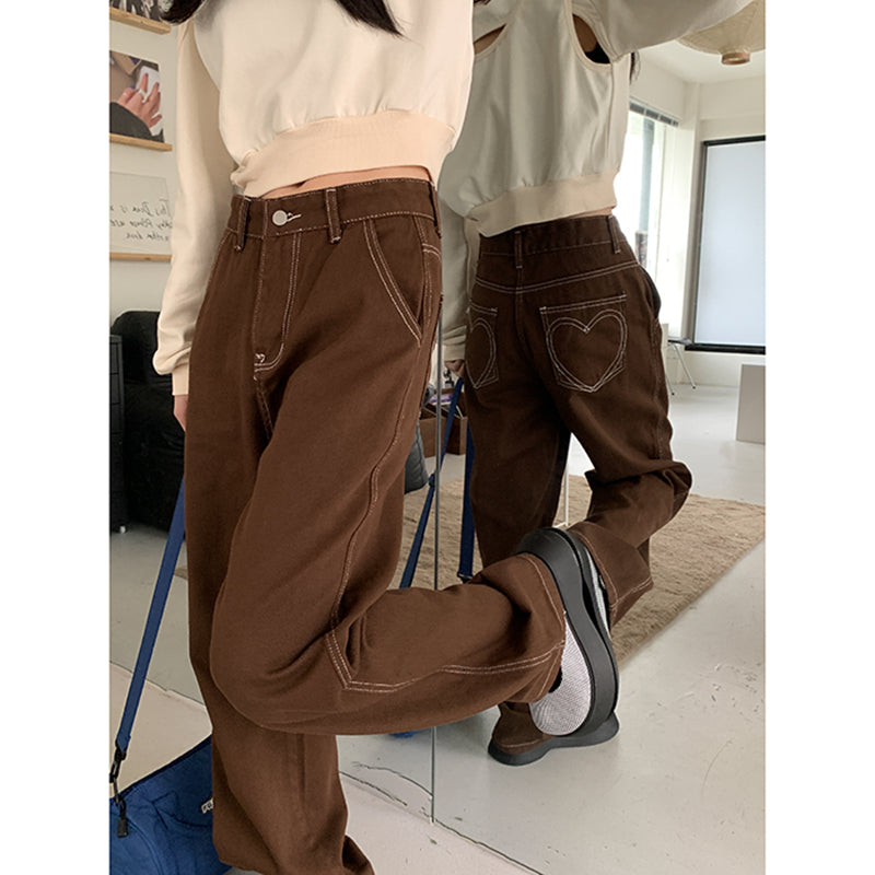 Women's Autumn And Winter Brown Wide-leg Jeans