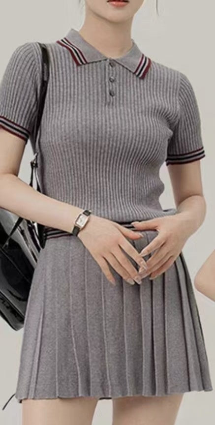 Womens Short Knitted Pleated Skirt Two-Piece Set