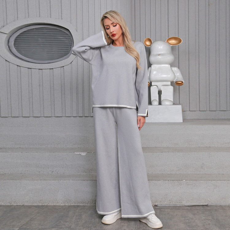 Tykt Elegant Afslappet Kontrastfarvet Strikket Damedragt Med Lange Ærmer