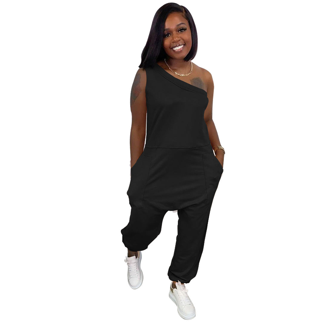 Women's Loose Street Sloping-shoulder Off The-shoulder Pocket Long Sports Jumpsuit