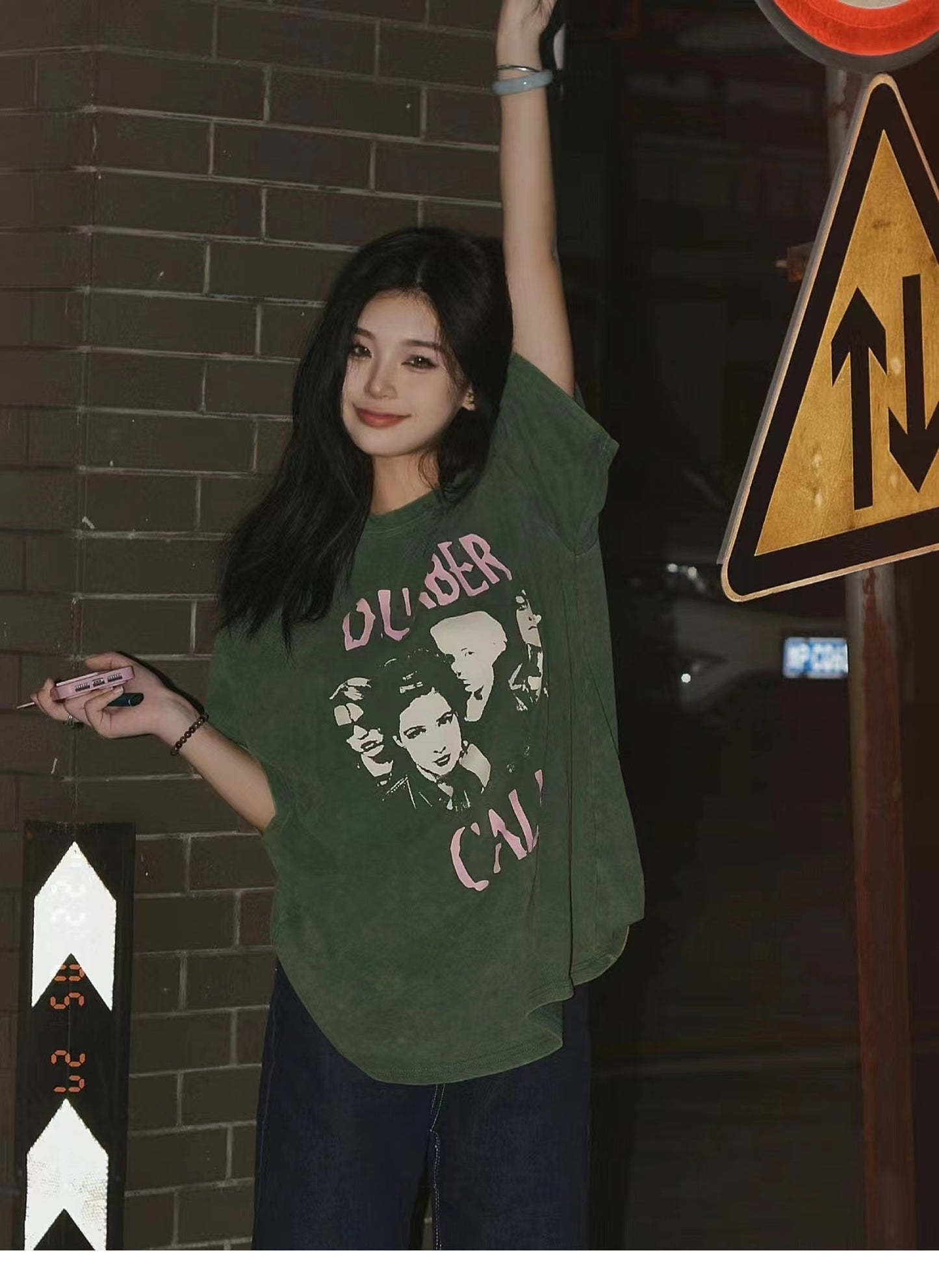 Women's Vintage Washed Old Green Cotton Short Sleeves