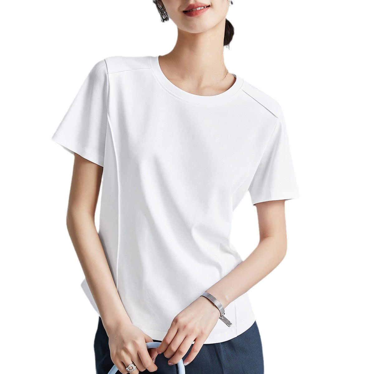 Shoulder T-shirt Mercerized Cotton Round Neck Bottoming Shirt