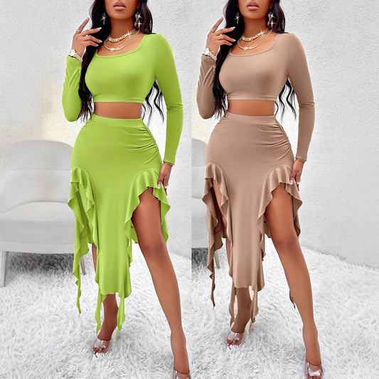 Solid-color Crewneck Long-sleeve Top And Ruffled Hem Midi Skirt Set