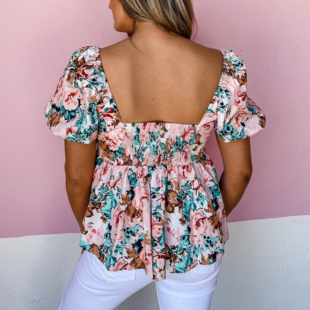 European And American Summer New Floral V-neck Short-sleeved Casual Large Swing Ladies Top