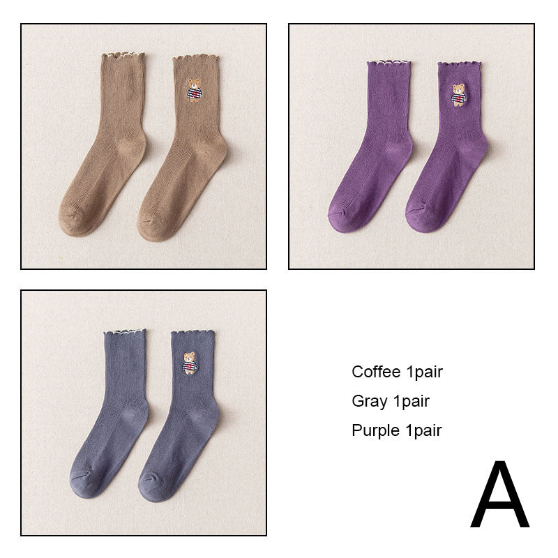 Women's Bear Embroidered Fungus Lace Mid Tube Socks