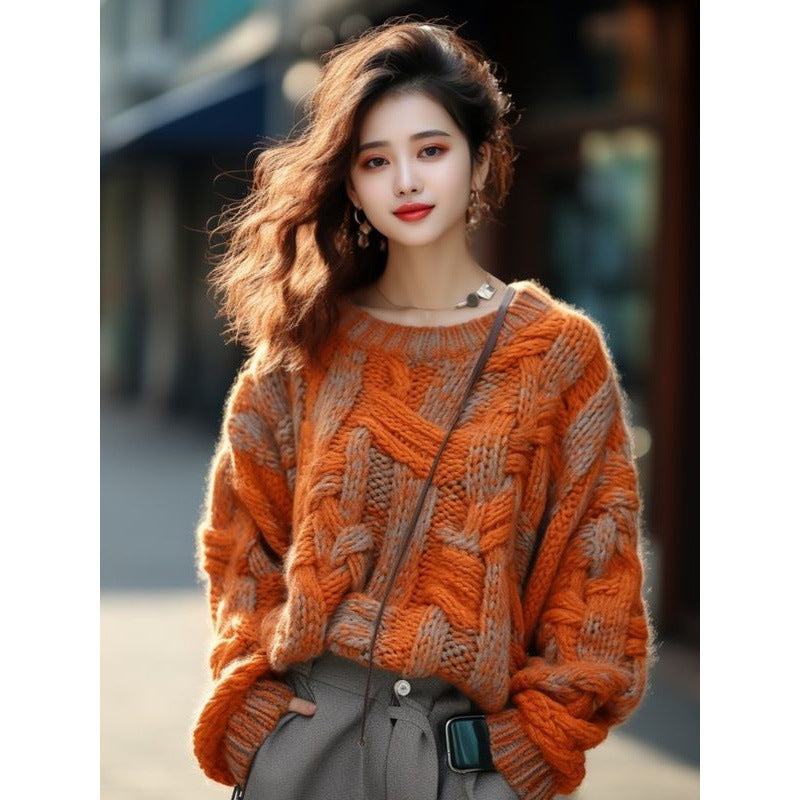 Orange Classic Style Thick Thread Sweater Coat For Women