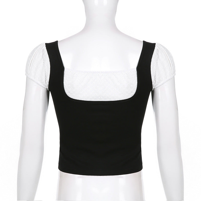 Fake Two Black And White Contrasting Temperament Square Neck Short Sleeves