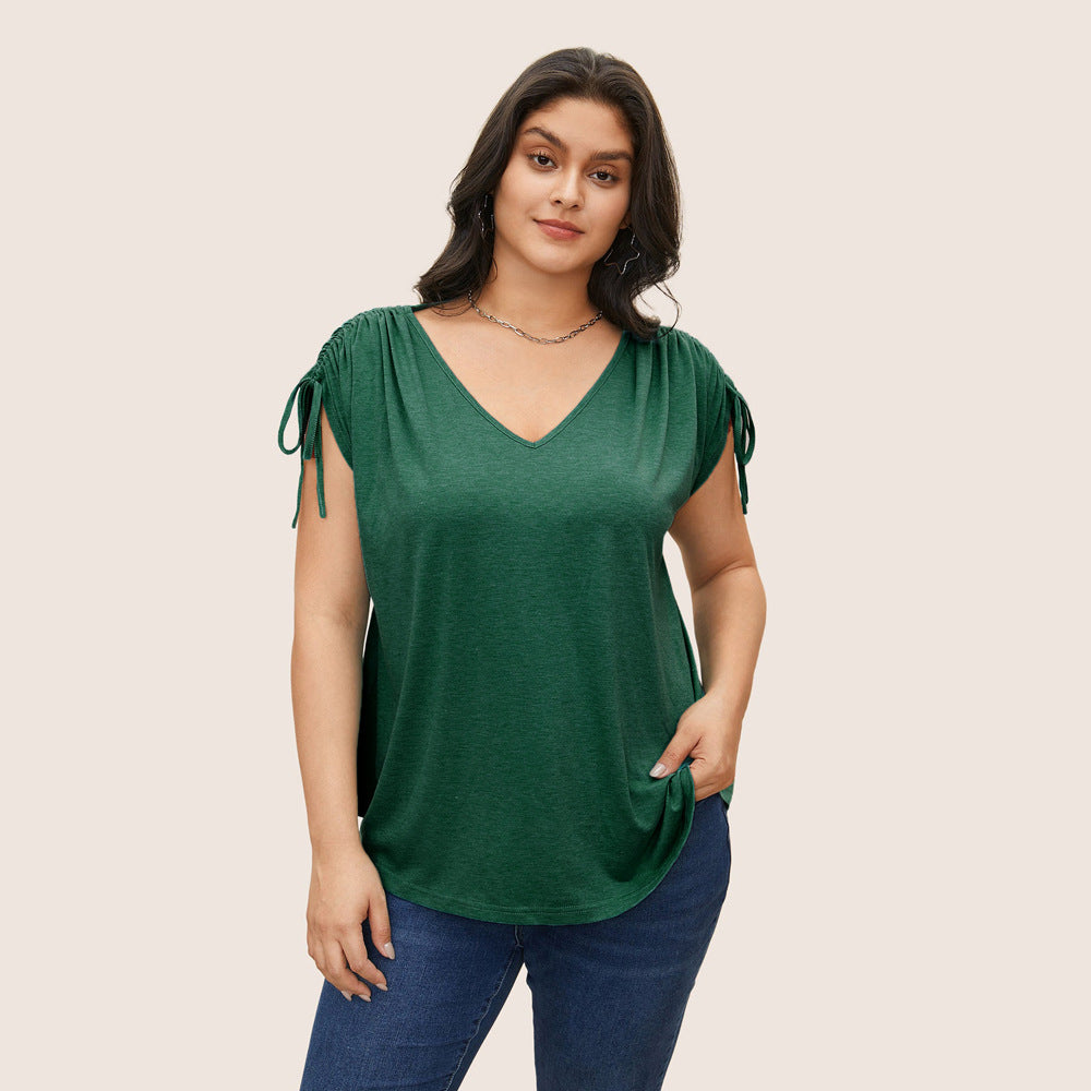 New Drawstring Vest V-neck Solid Color Casual Loose Short-sleeve T-shirt