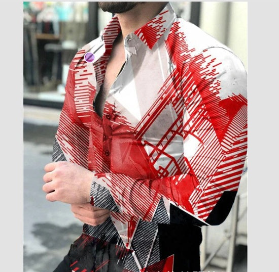 European And American New Men's Gradient Printing Long-sleeved Shirt