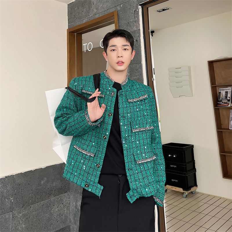 Vintage Raw Edge Multi-pocket Decorative Sequin Tweed Jacket For Men