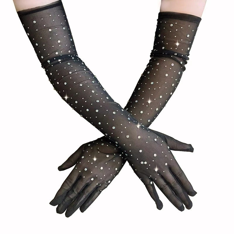 Halloween Dress Cosplay Rhinestone Lace Mesh Gloves