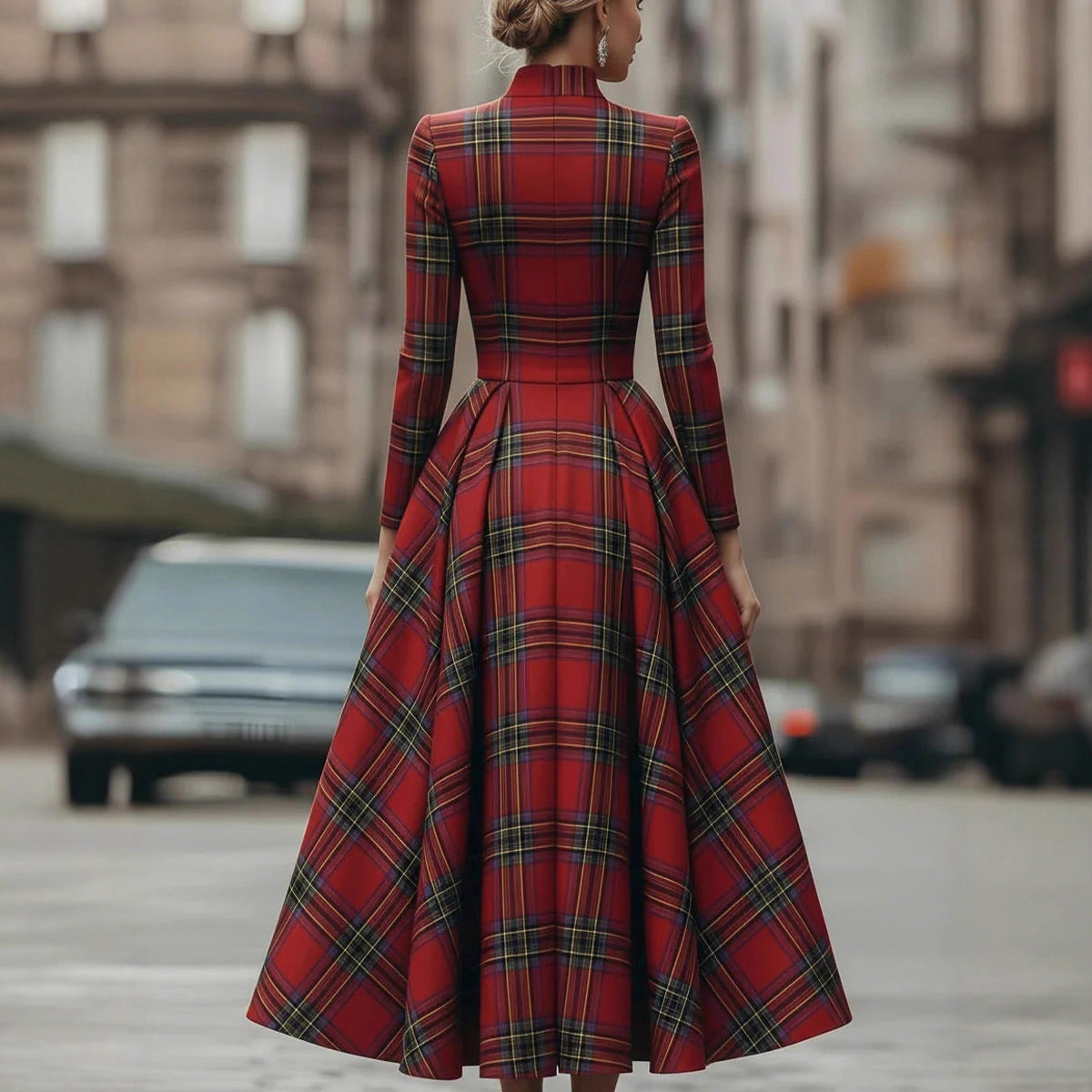 Stand-collar Long-sleeve Plaid Digital-print Zip-up Dress