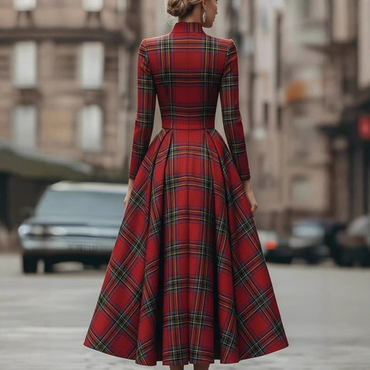 Stand-collar Long-sleeve Plaid Digital-print Zip-up Dress