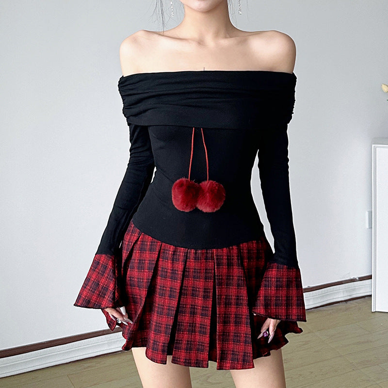 Off-the-shoulder Waist-cinched Figure-flattering Knitted Plaid Pleated Sexy Dress