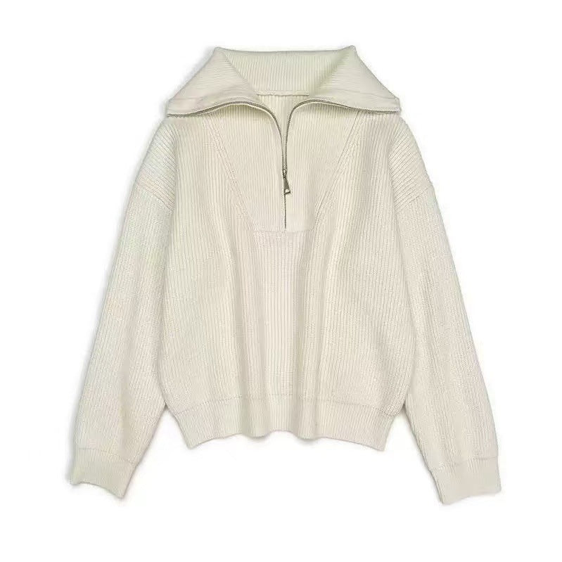 Raccoon Fur High Neck Semi-Zip Pullover Sweater Women