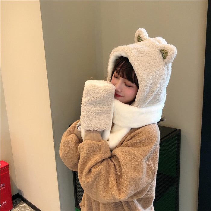 Cute Cat Ears Color Matching Plush Hooded Scarf