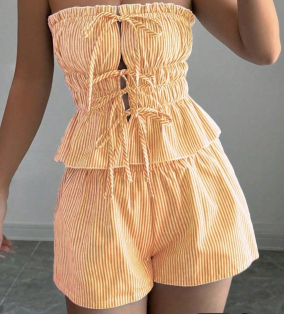 Striped Ruffled Midriff-baring Top Elastic-waist Shorts Two-piece Set