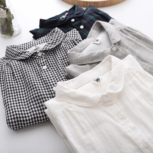 Womens Retro Small Lapel Double-Layer Cotton Yarn Long-Sleeve Shirt