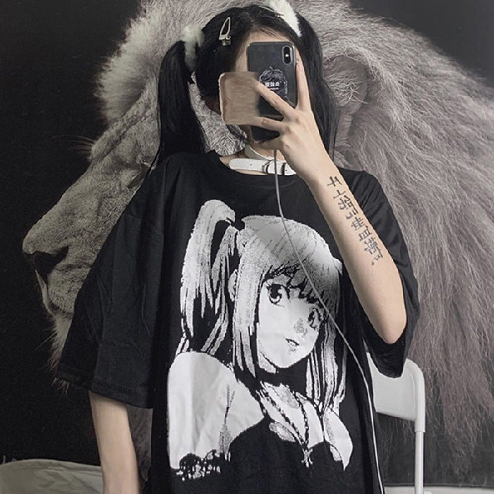 Loose Mid-length Cartoon Print Short Sleeves