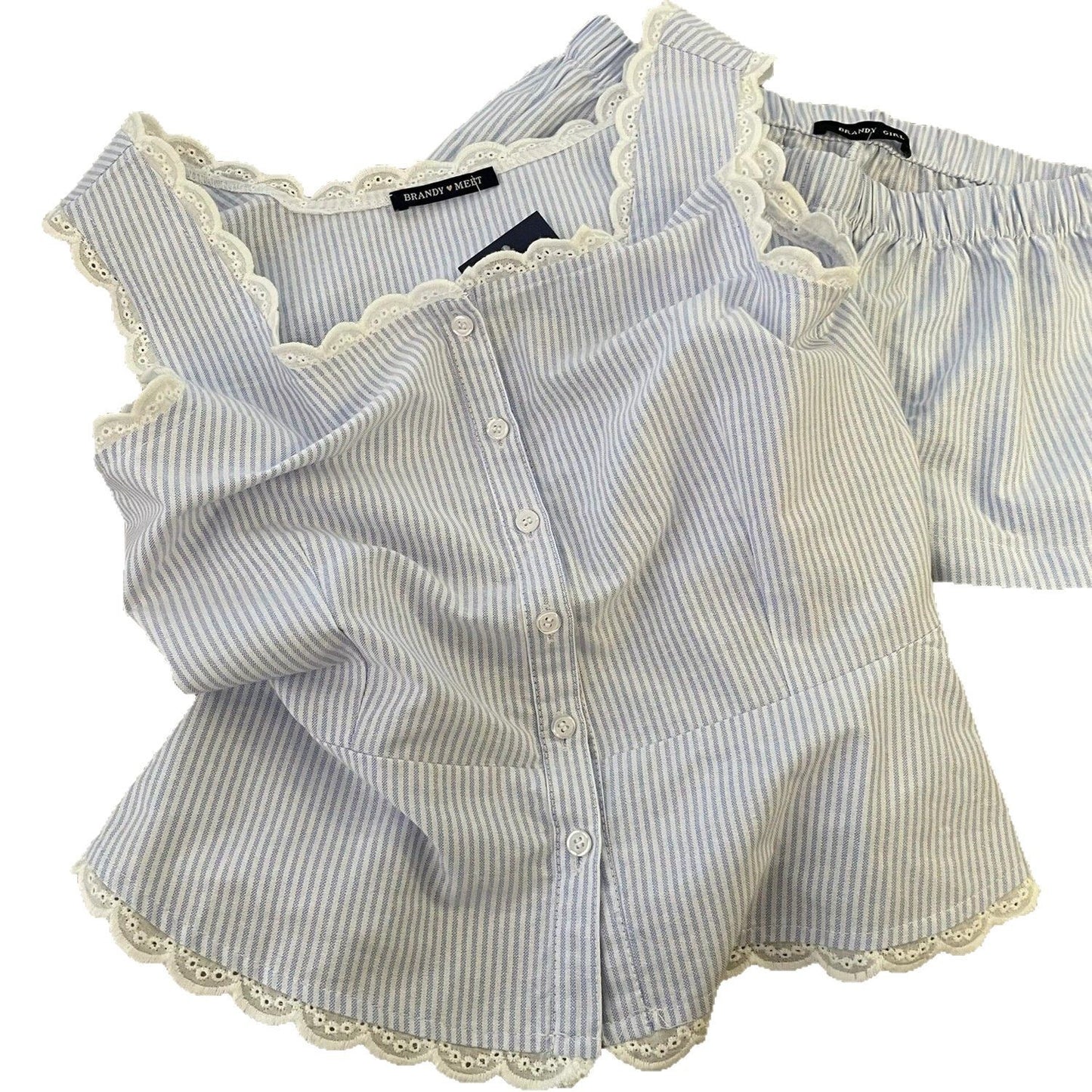 Women's Striped Lace-Trimmed Tank Top And Shorts Set